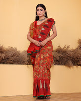 Kalamkari Red Embroidery Moonga Silk Saree
