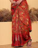 Kalamkari Red Embroidery Moonga Silk Saree