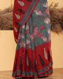 Olive Green Embroidery Moonga Silk Saree