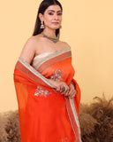 Candy Red Organza Hand Embroidary Saree