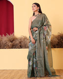 Floral Olive Green Tissue Moonga Saree