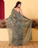 Floral Olive Green Tissue Moonga Saree