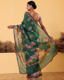 Bottle Green Embroidary Moonga Silk Saree