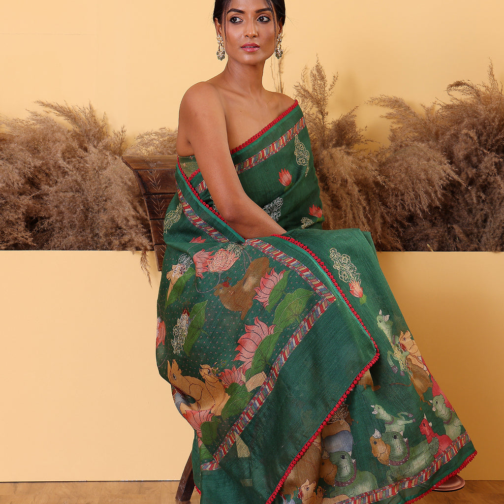 Pastel Pink Embroidered Moonga Silk Saree