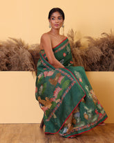 Bottle Green Embroidary Moonga Silk Saree
