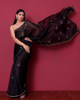 Hand Embroidery Black Organza Silk Saree