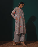 Floral Grey Linen Kurta Set