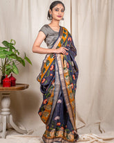 Greyish Blue Moonga Silk Saree - Silk Mark Certified