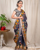 Greyish Blue Moonga Silk Saree - Silk Mark Certified