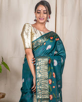 Dark Turquoise Moonga Silk Saree - Silk Mark Certified