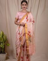 Coral Peach Linen Silk Saree
