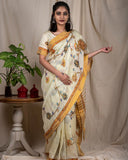 Cream Yellow Linen Silk Saree