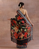 Black Multicolor Floral Linen Saree