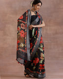 Black Multicolor Floral Linen Saree