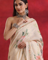 Peach Floral Linen Saree
