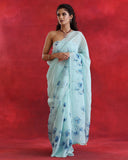 Sky Blue Floral Organza Saree