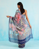 Midnight Blue Floral Linen Saree