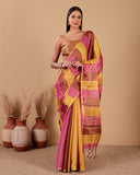 Mustard Rose Stripes Silk Saree
