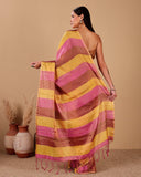Mustard Rose Stripes Silk Saree