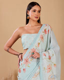 Pastel Blue Blossom Linen Saree