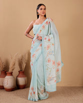 Pastel Blue Blossom Linen Saree