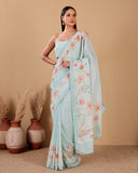 Pastel Blue Blossom Linen Saree