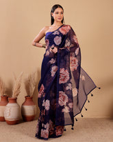 Midnight Blossom Organza Silk Saree