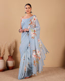 Linen Saree with Floral Print & Tassel Detailing