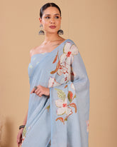 Linen Saree with Floral Print & Tassel Detailing