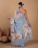 Linen Saree with Floral Print & Tassel Detailing