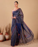Handloom Chanderi Stripes Saree With Floral Embroidered Pallu