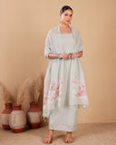 Sage Green Mal Chanderi Suit Set with Floral Dupatta