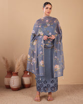 Steel Blue Mal Appliqué Kurta Set with Mal Dupatta - (Unstitched)