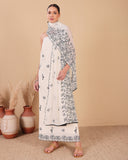 Ivory Peacock Bloom Mull Kurta Dupatta Set