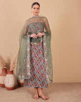 Olive Blossom Organza Kurta Dupatta Set - (Unstitched)
