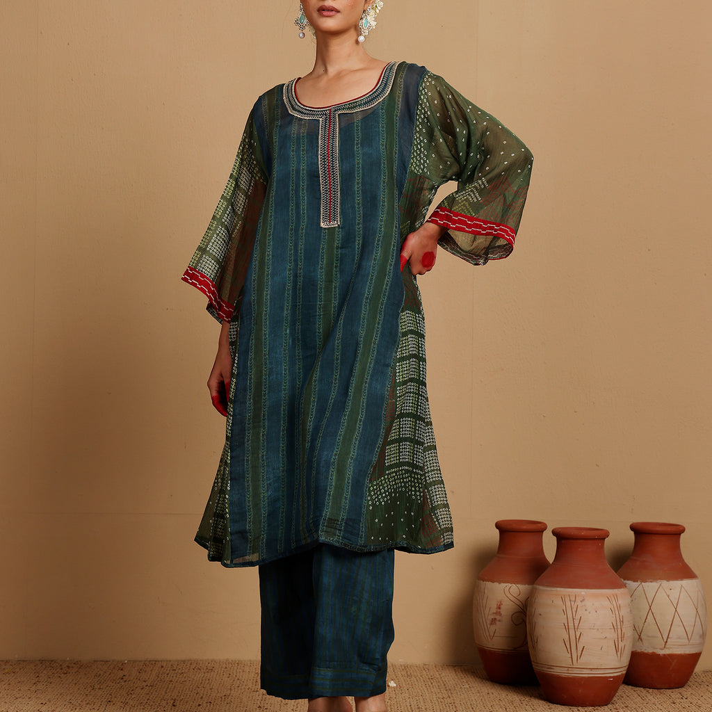 Silk Blend Kurta with Multicolor Embroidery