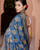 Midnight Blue Chiniya Silk Saree