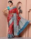 Red Chiniya Silk Kalamkari Saree