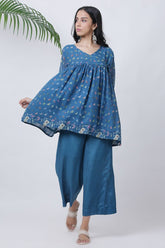 Blue Bird Print Flare Top With Pants