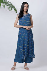 Blue Bird Print Sleeveless Kurta