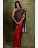Handwoven Coffee And Red Engineered Saree