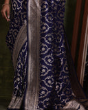 Handloom Dark Blue Pure Katan Silk Banarasi Saree With Cutwork Weave