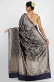 Midnight Blue Silver Zari Khadua Katan Silk Drape