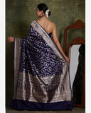 Handloom Dark Blue Pure Katan Silk Banarasi Saree With Cutwork Weave