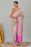 Beige Pure Katan Silk Banarasi Khadwaâ Handloom Saree- Silk Mark Certified