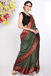 Olive Green Moonga Silk Saree - Silk Mark Certified