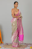 Beige Pure Katan Silk Banarasi Khadwaâ Handloom Saree- Silk Mark Certified