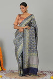 Navy Blue Pure Katan Silk Banarasi Patola Handloom Saree- Silk Mark Certified