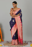 Blue Pink Pure Katan Silk Banarasi Kadiyal Saree- Silk Mark Certified