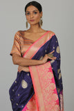 Blue Pink Pure Katan Silk Banarasi Kadiyal Saree- Silk Mark Certified